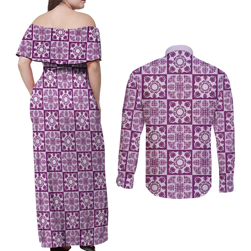 Poni Palaka Quilt Hawaii Couples Matching Off Shoulder Maxi Dress and Long Sleeve Button Shirt Hawaiian Tropical Monstera Sea Turtle