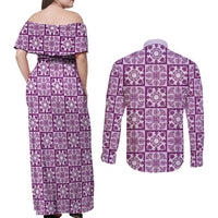 Poni Palaka Quilt Hawaii Couples Matching Off Shoulder Maxi Dress and Long Sleeve Button Shirt Hawaiian Tropical Monstera Sea Turtle