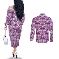 Poni Palaka Quilt Hawaii Couples Matching Off The Shoulder Long Sleeve Dress and Long Sleeve Button Shirt Hawaiian Tropical Monstera Sea Turtle