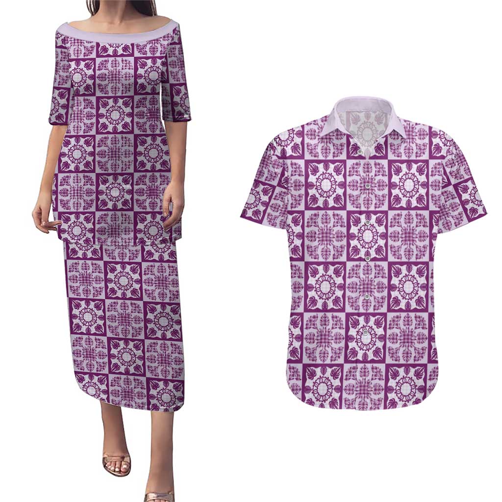 Poni Palaka Quilt Hawaii Couples Matching Puletasi and Hawaiian Shirt Hawaiian Tropical Monstera Sea Turtle