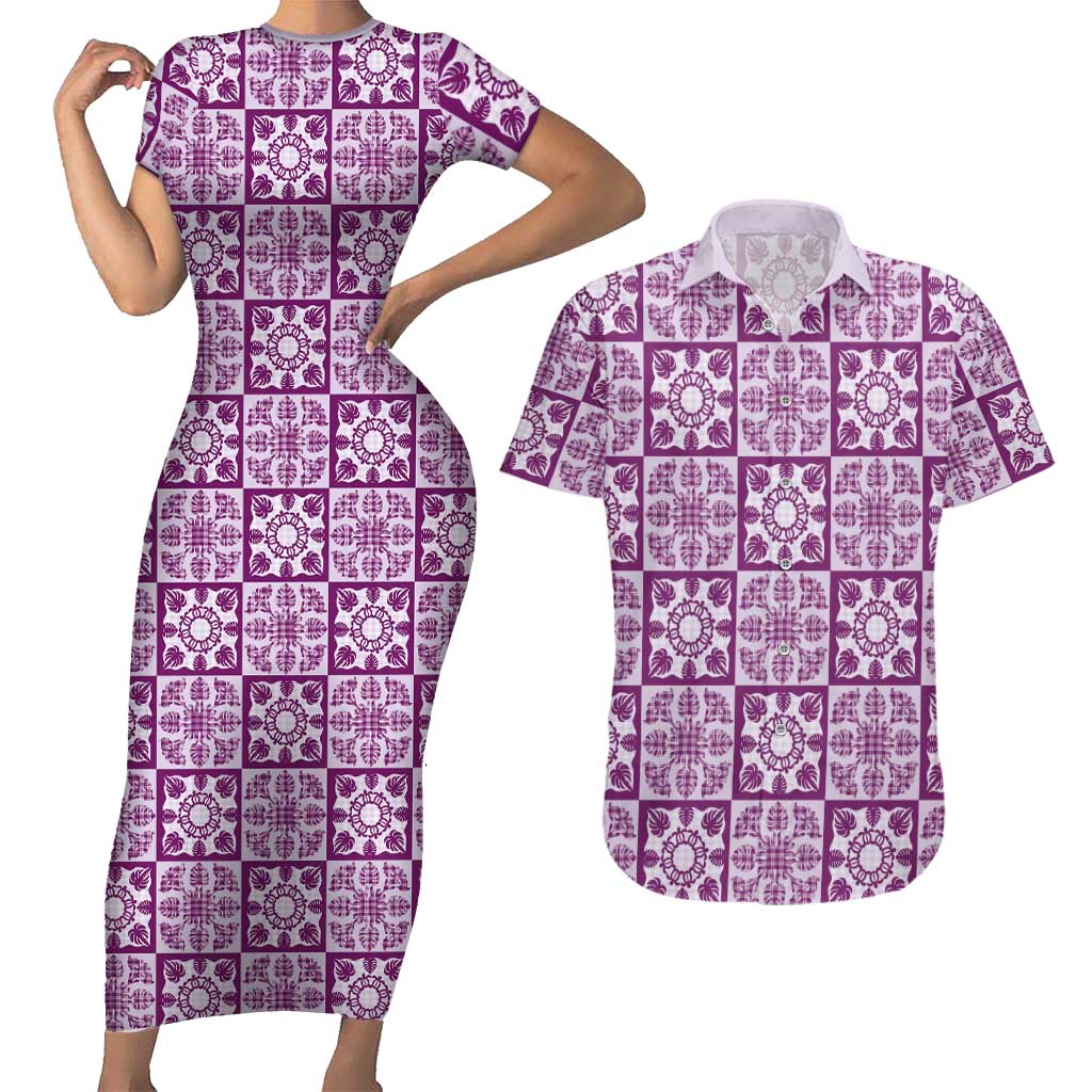 Poni Palaka Quilt Hawaii Couples Matching Short Sleeve Bodycon Dress and Hawaiian Shirt Hawaiian Tropical Monstera Sea Turtle