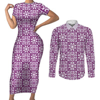 Poni Palaka Quilt Hawaii Couples Matching Short Sleeve Bodycon Dress and Long Sleeve Button Shirt Hawaiian Tropical Monstera Sea Turtle