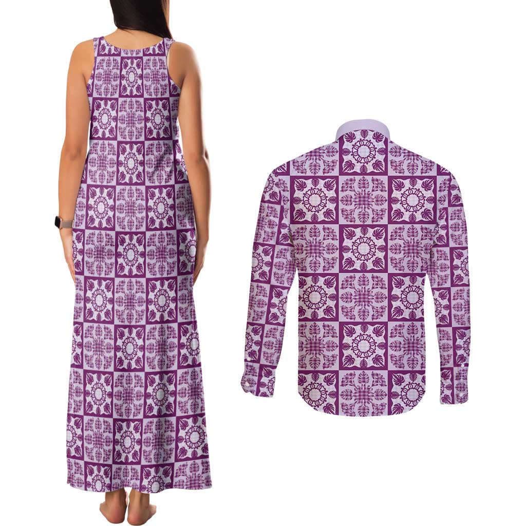 Poni Palaka Quilt Hawaii Couples Matching Tank Maxi Dress and Long Sleeve Button Shirt Hawaiian Tropical Monstera Sea Turtle
