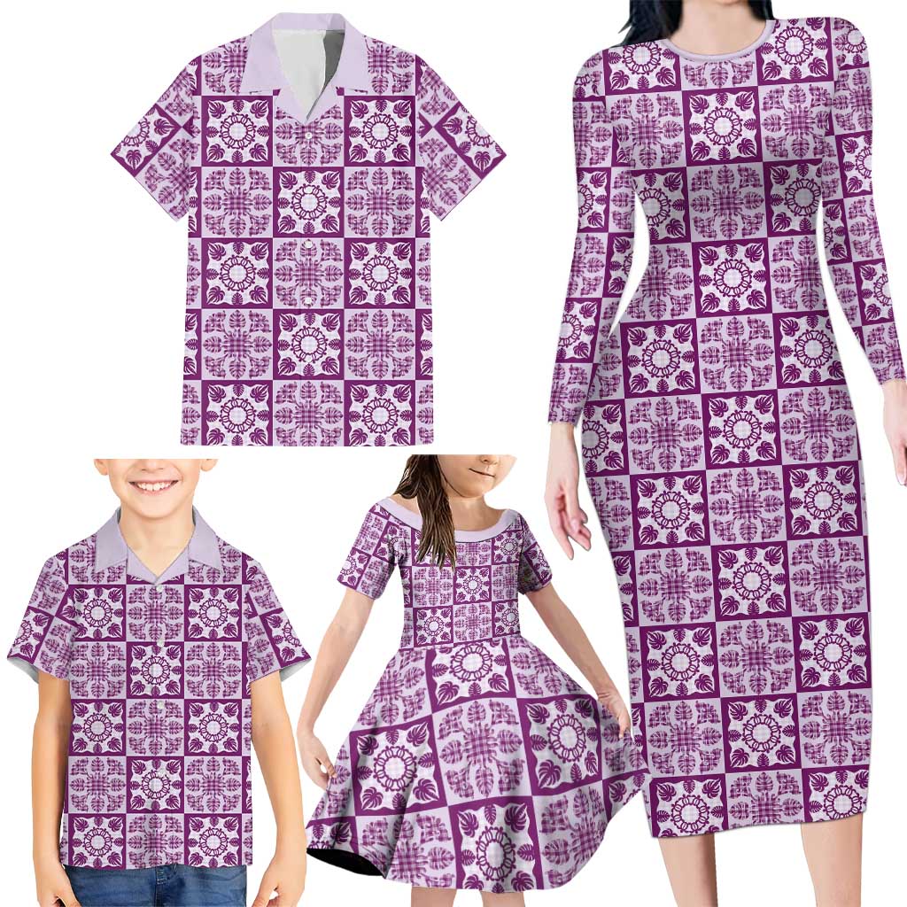 Poni Palaka Quilt Hawaii Family Matching Long Sleeve Bodycon Dress and Hawaiian Shirt Hawaiian Tropical Monstera Sea Turtle