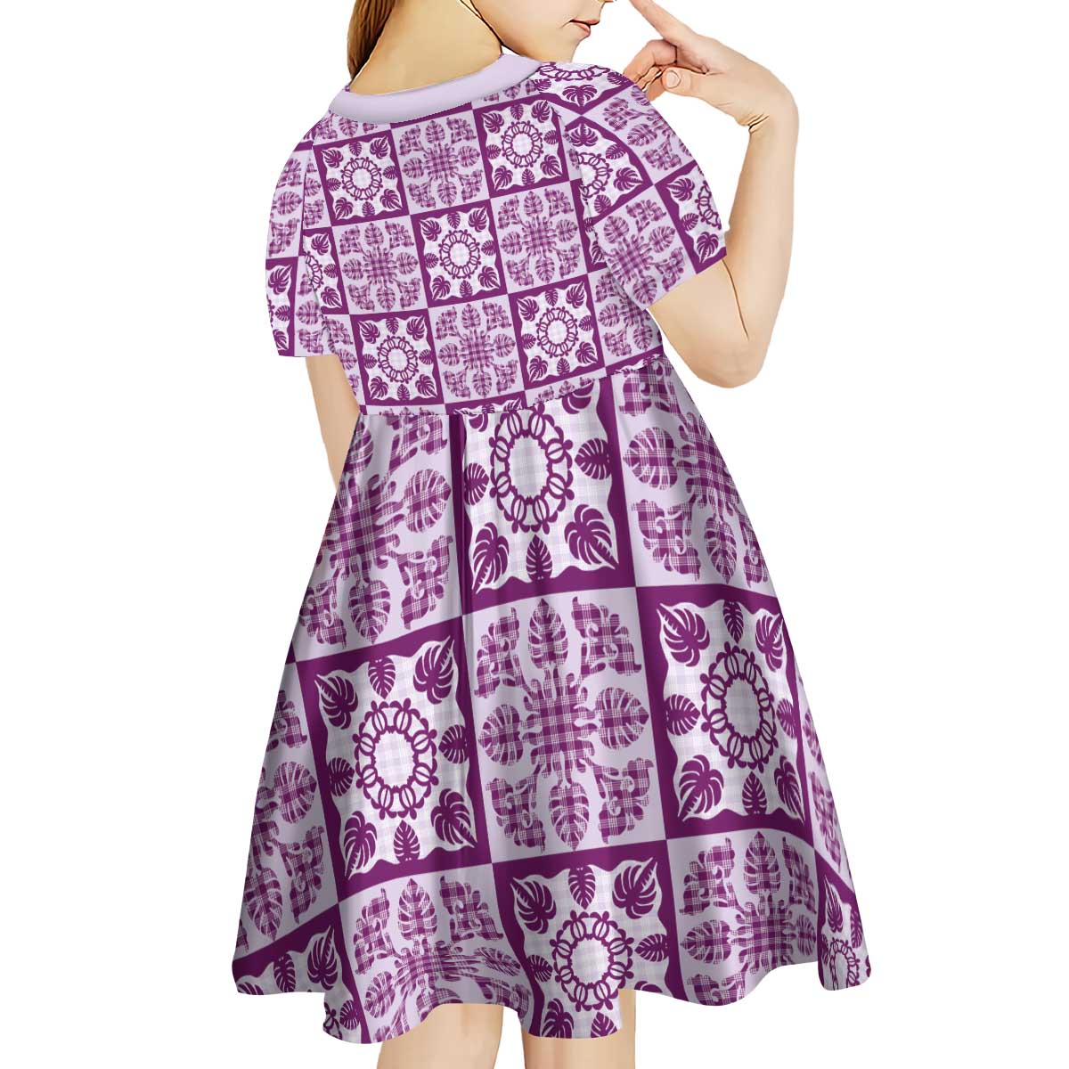 Poni Palaka Quilt Hawaii Kid Short Sleeve Dress Hawaiian Tropical Monstera Sea Turtle