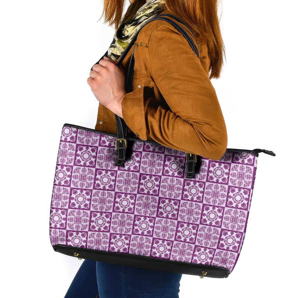 Poni Palaka Quilt Hawaii Leather Tote Bag Hawaiian Tropical Monstera Sea Turtle