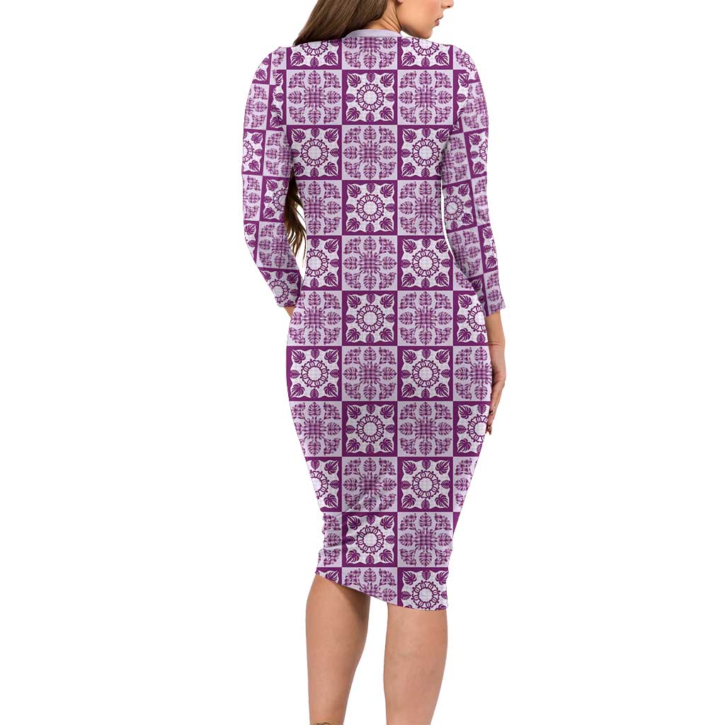 Poni Palaka Quilt Hawaii Long Sleeve Bodycon Dress Hawaiian Tropical Monstera Sea Turtle