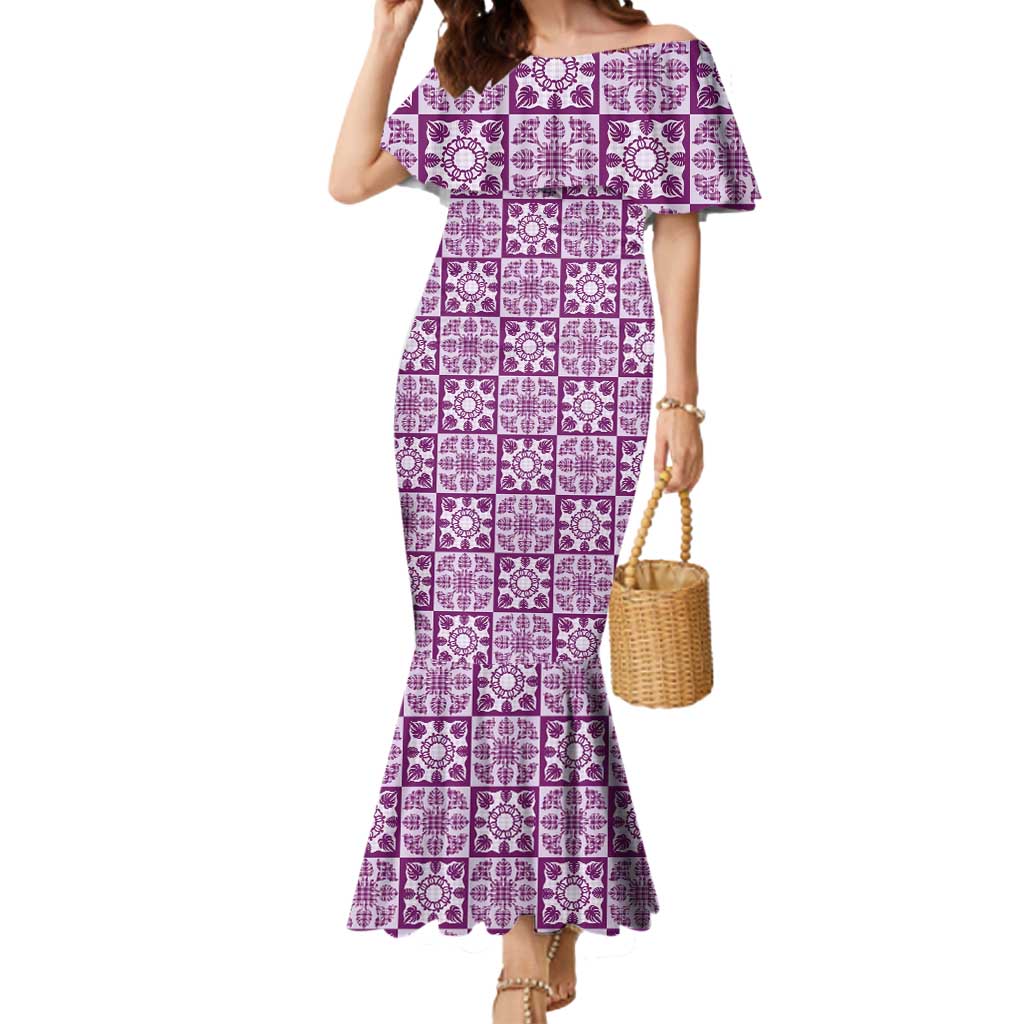 Poni Palaka Quilt Hawaii Mermaid Dress Hawaiian Tropical Monstera Sea Turtle LT14 Women Purple - Polynesian Pride
