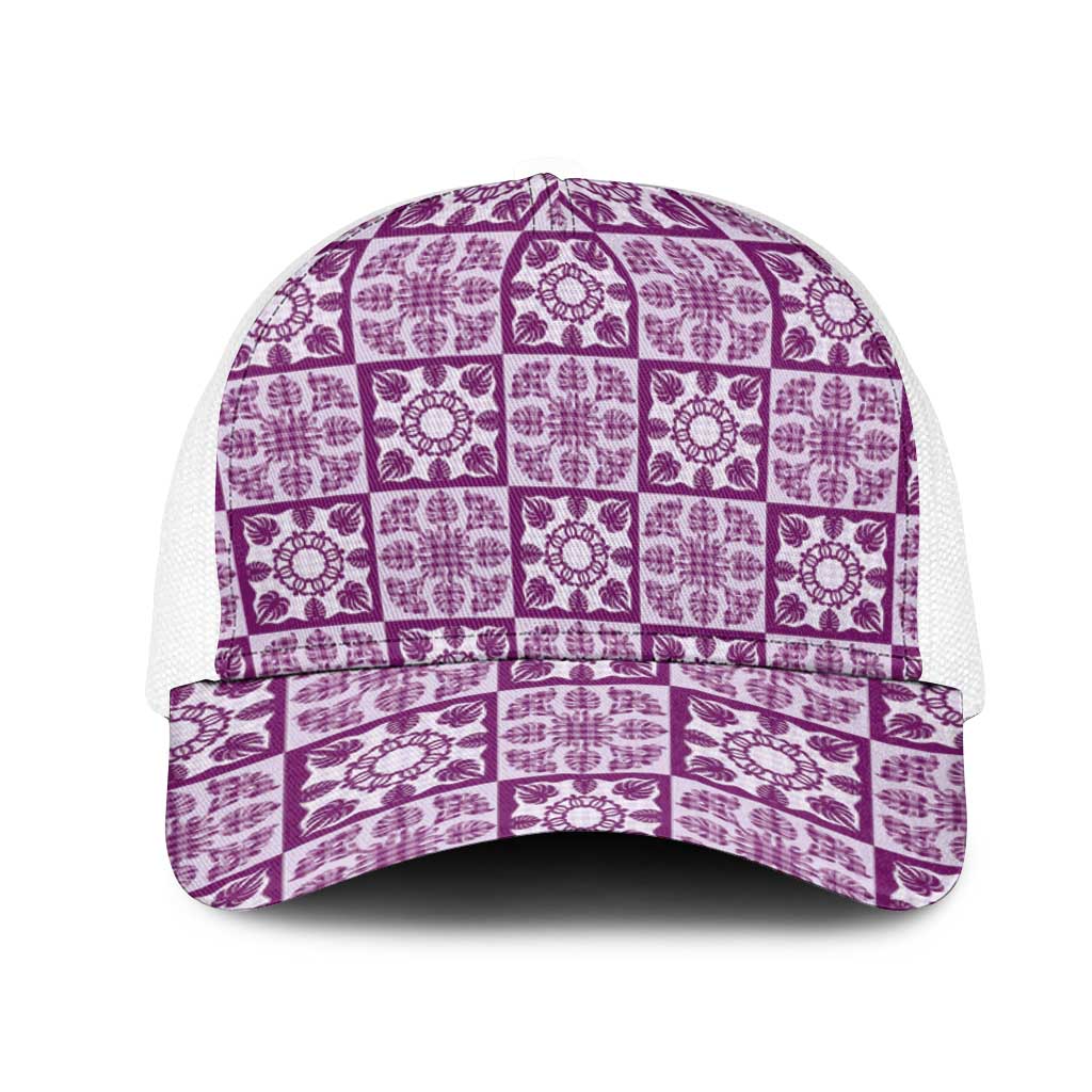 Poni Palaka Quilt Hawaii Mesh Trucker Cap Hawaiian Tropical Monstera Sea Turtle LT14 One Size White Purple - Polynesian Pride