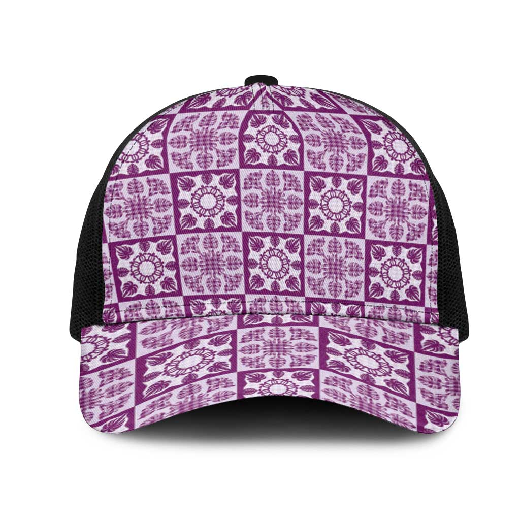 Poni Palaka Quilt Hawaii Mesh Trucker Cap Hawaiian Tropical Monstera Sea Turtle LT14 One Size Black Purple - Polynesian Pride