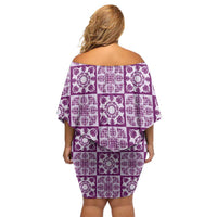 Poni Palaka Quilt Hawaii Off Shoulder Short Dress Hawaiian Tropical Monstera Sea Turtle LT14 - Polynesian Pride