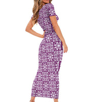 Poni Palaka Quilt Hawaii Short Sleeve Bodycon Dress Hawaiian Tropical Monstera Sea Turtle
