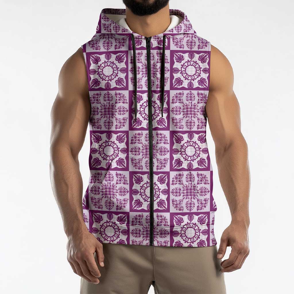 Poni Palaka Quilt Hawaii Sleeveless Zip Hoodie Hawaiian Tropical Monstera Sea Turtle