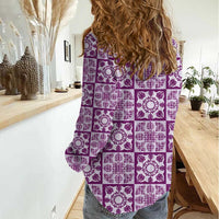Poni Palaka Quilt Hawaii Women Casual Shirt Hawaiian Tropical Monstera Sea Turtle