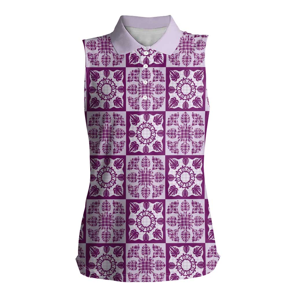Poni Palaka Quilt Hawaii Women Sleeveless Polo Shirt Hawaiian Tropical Monstera Sea Turtle