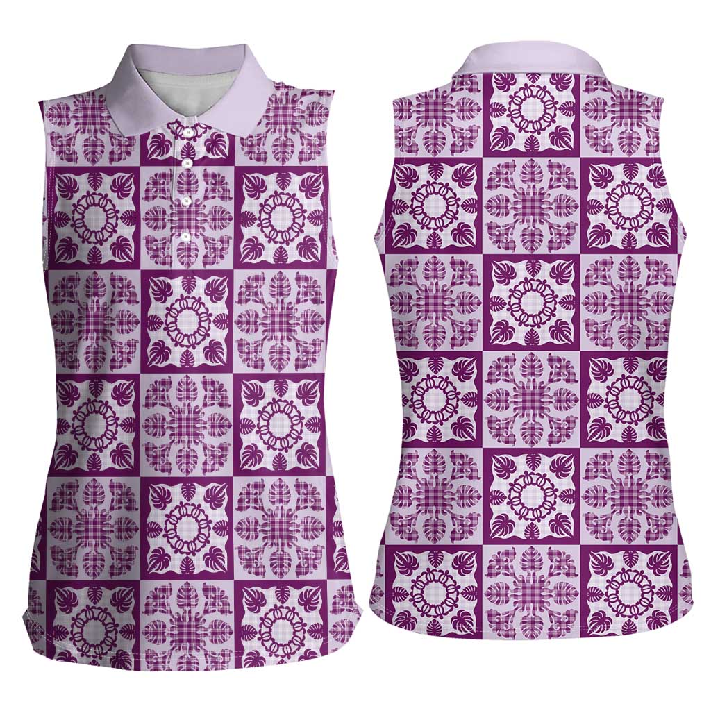 Poni Palaka Quilt Hawaii Women Sleeveless Polo Shirt Hawaiian Tropical Monstera Sea Turtle