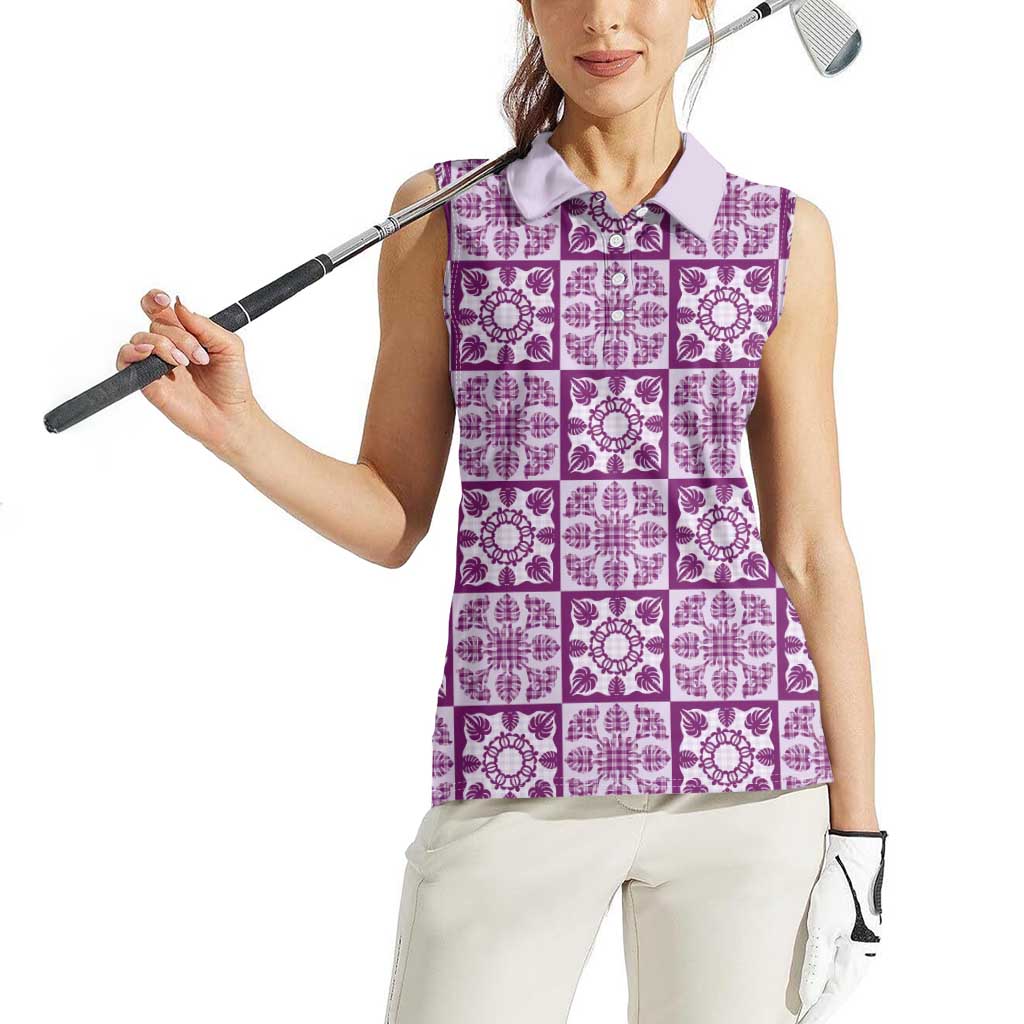 Poni Palaka Quilt Hawaii Women Sleeveless Polo Shirt Hawaiian Tropical Monstera Sea Turtle