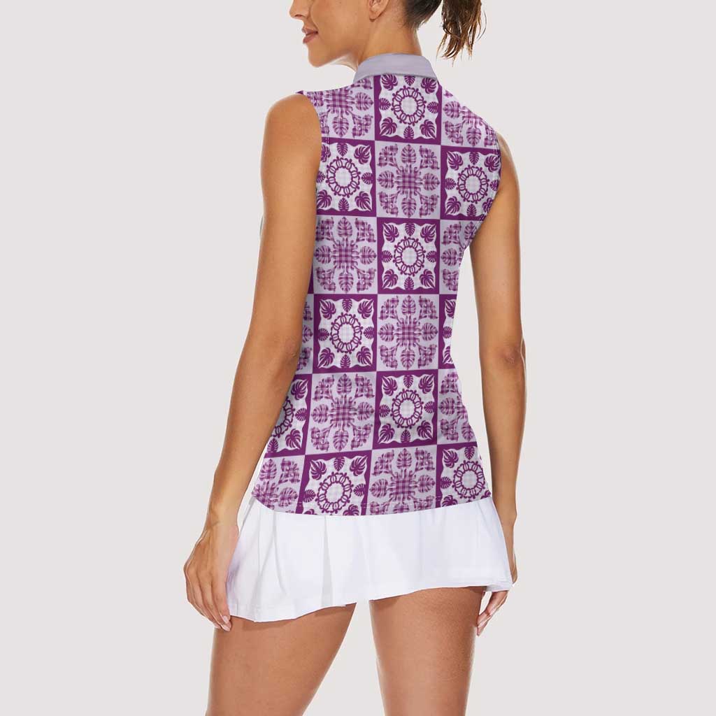 Poni Palaka Quilt Hawaii Women Sleeveless Polo Shirt Hawaiian Tropical Monstera Sea Turtle