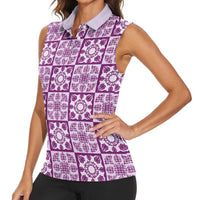 Poni Palaka Quilt Hawaii Women Sleeveless Polo Shirt Hawaiian Tropical Monstera Sea Turtle