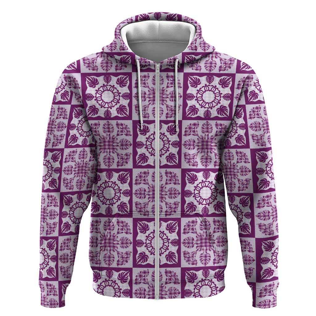 Poni Palaka Quilt Hawaii Zip Hoodie Hawaiian Tropical Monstera Sea Turtle