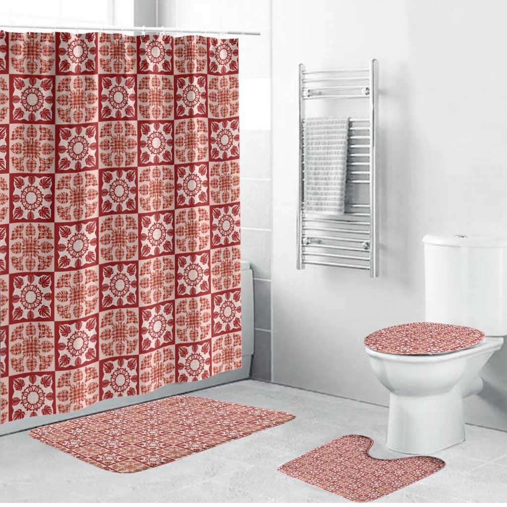 Ulaula Palaka Quilt Hawaii Bathroom Set Hawaiian Tropical Monstera Sea Turtle LT14 Bathroom Set (4 pcs) Red - Polynesian Pride