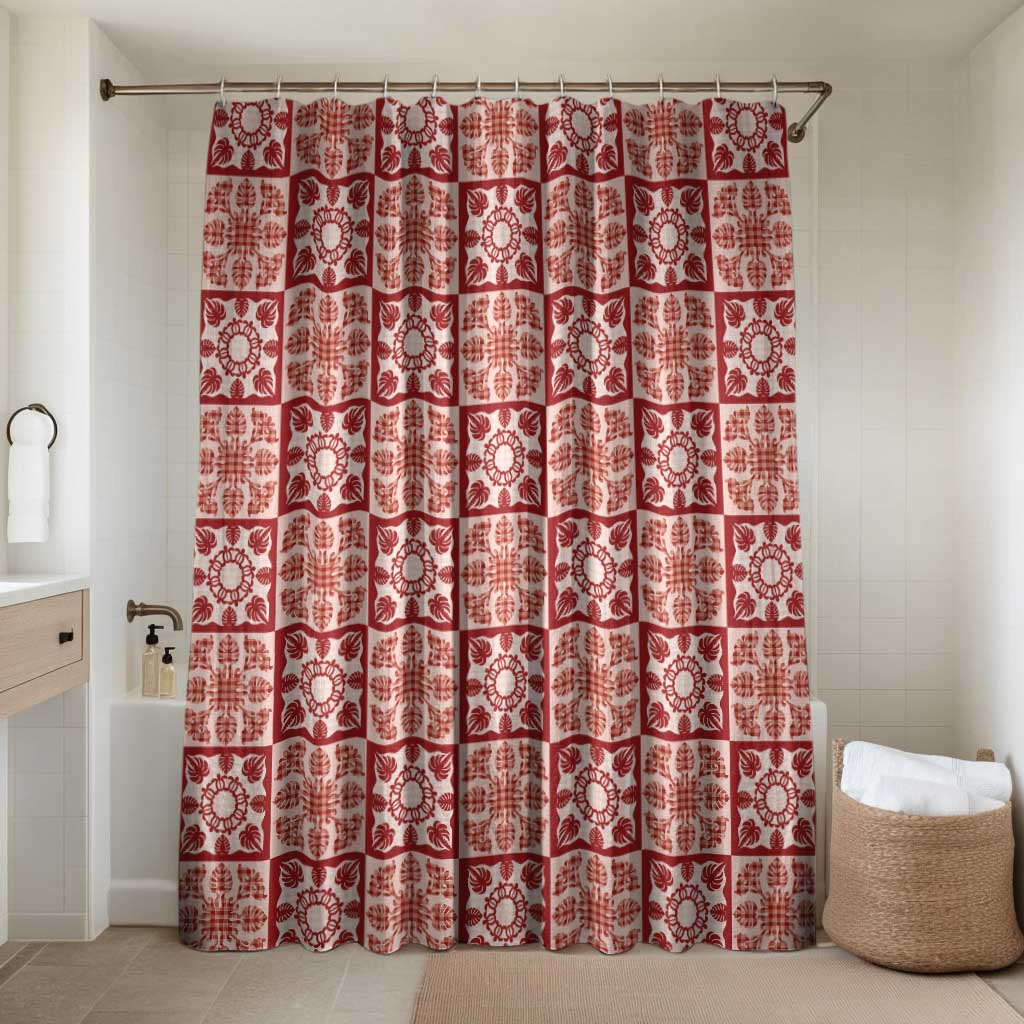 Ulaula Palaka Quilt Hawaii Bathroom Set Hawaiian Tropical Monstera Sea Turtle LT14 Shower Curtain Only Red - Polynesian Pride
