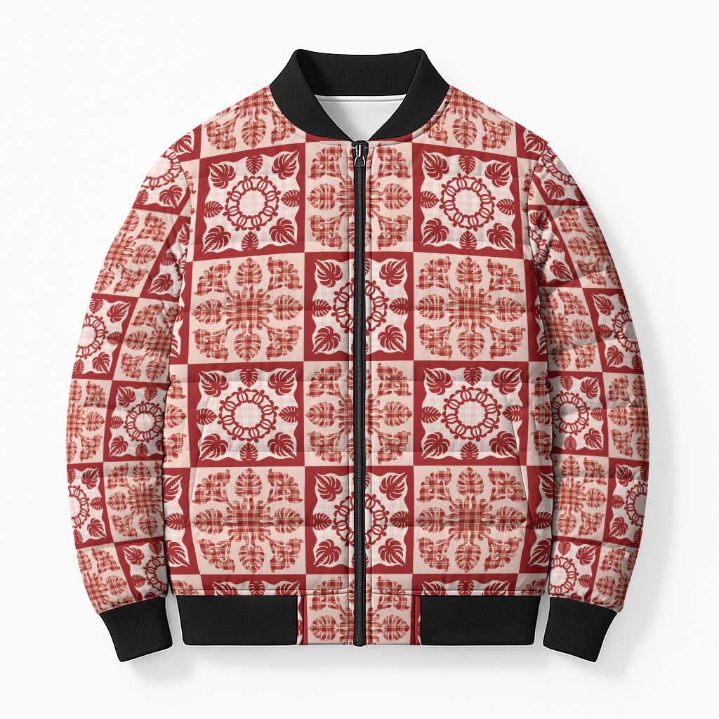 Ulaula Palaka Quilt Hawaii Bomber Puffer Jacket Hawaiian Tropical Monstera Sea Turtle LT14 Unisex Red - Polynesian Pride