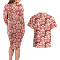Ulaula Palaka Quilt Hawaii Couples Matching Long Sleeve Bodycon Dress and Hawaiian Shirt Hawaiian Tropical Monstera Sea Turtle