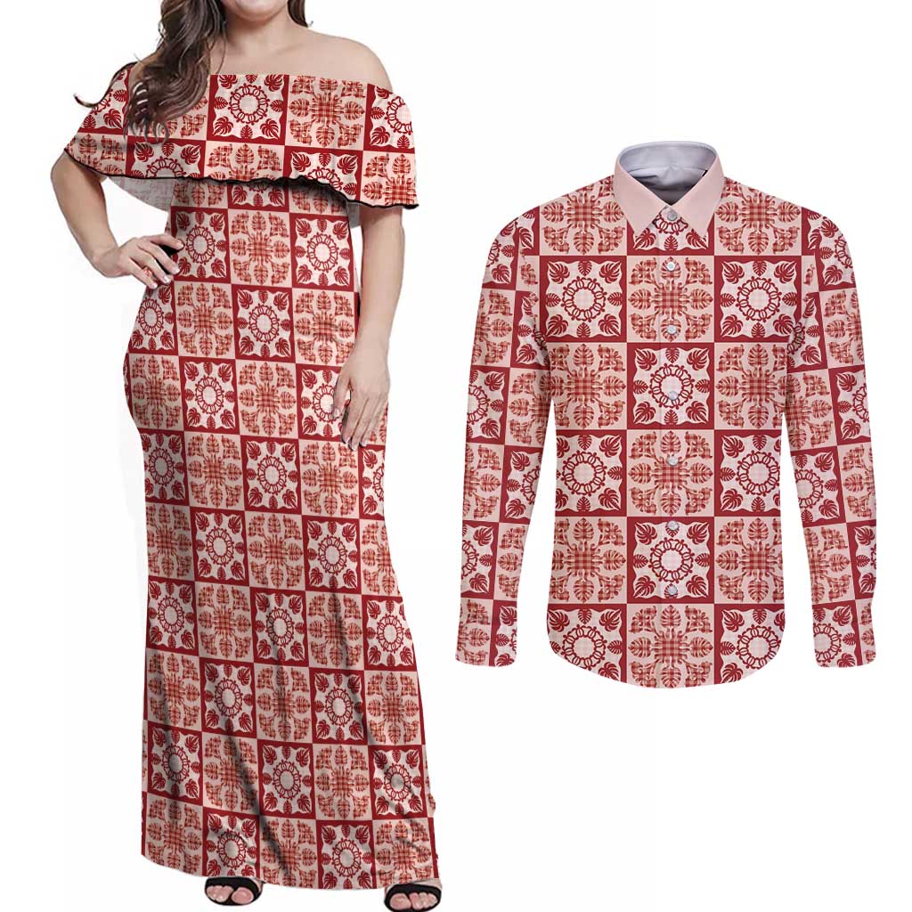 Ulaula Palaka Quilt Hawaii Couples Matching Off Shoulder Maxi Dress and Long Sleeve Button Shirt Hawaiian Tropical Monstera Sea Turtle