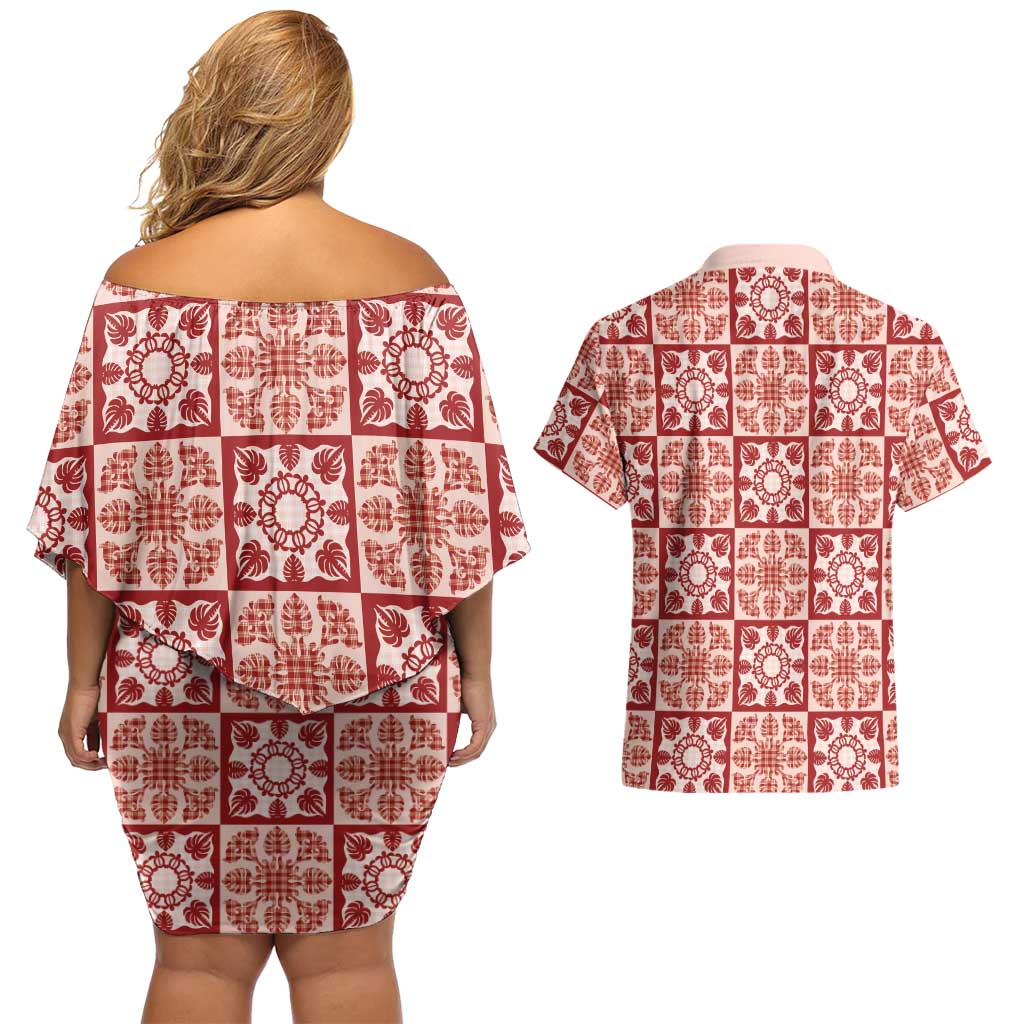 Ulaula Palaka Quilt Hawaii Couples Matching Off Shoulder Short Dress and Hawaiian Shirt Hawaiian Tropical Monstera Sea Turtle