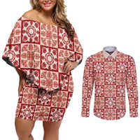 Ulaula Palaka Quilt Hawaii Couples Matching Off Shoulder Short Dress and Long Sleeve Button Shirt Hawaiian Tropical Monstera Sea Turtle