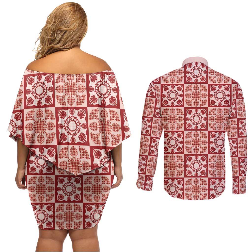 Ulaula Palaka Quilt Hawaii Couples Matching Off Shoulder Short Dress and Long Sleeve Button Shirt Hawaiian Tropical Monstera Sea Turtle