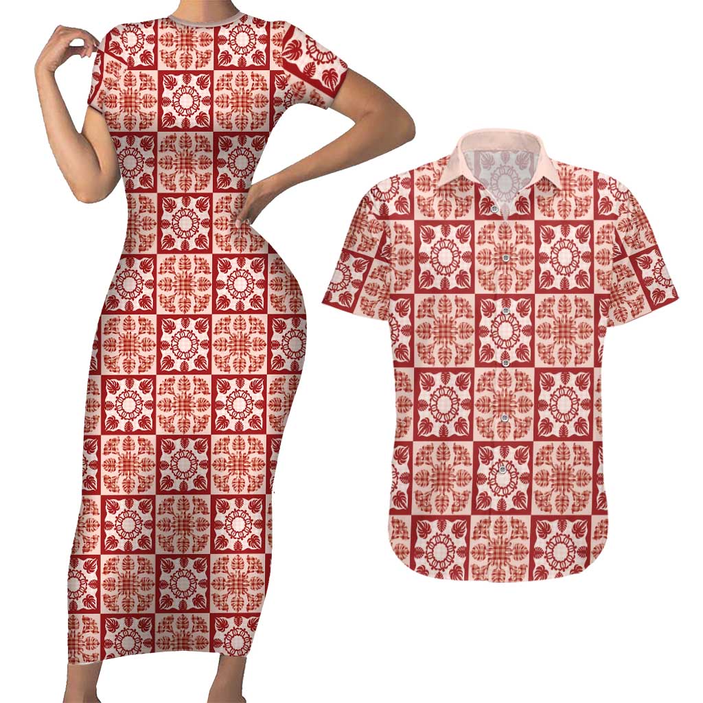 Ulaula Palaka Quilt Hawaii Couples Matching Short Sleeve Bodycon Dress and Hawaiian Shirt Hawaiian Tropical Monstera Sea Turtle