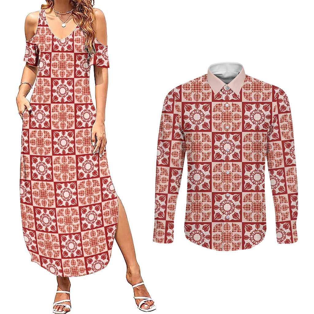 Ulaula Palaka Quilt Hawaii Couples Matching Summer Maxi Dress and Long Sleeve Button Shirt Hawaiian Tropical Monstera Sea Turtle