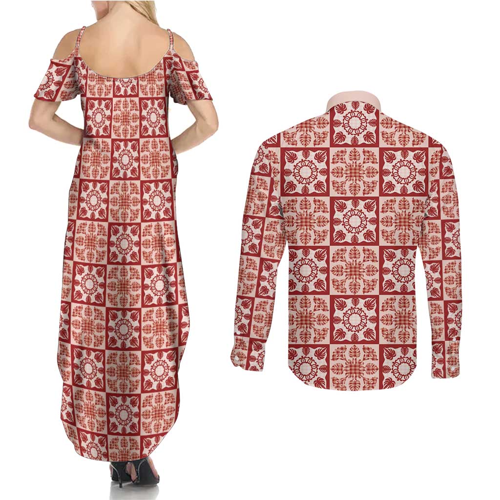Ulaula Palaka Quilt Hawaii Couples Matching Summer Maxi Dress and Long Sleeve Button Shirt Hawaiian Tropical Monstera Sea Turtle