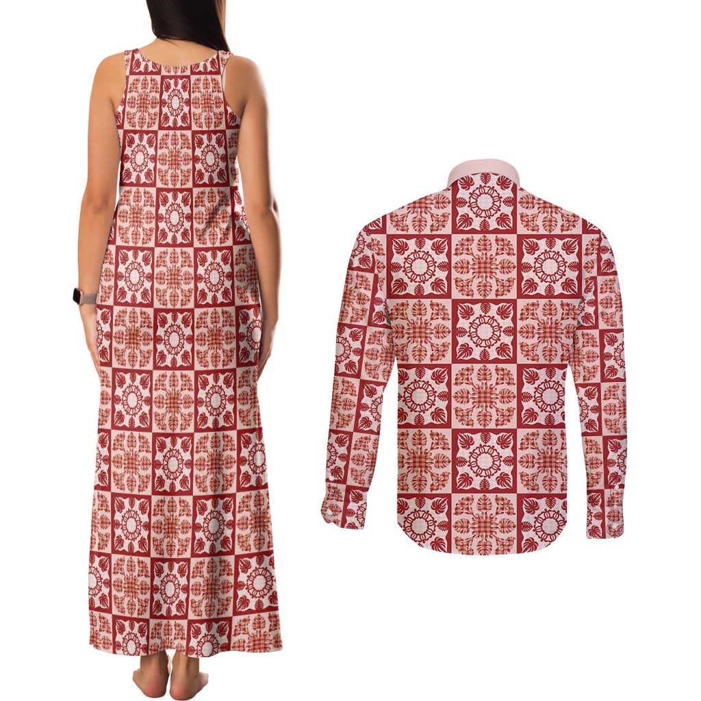 Ulaula Palaka Quilt Hawaii Couples Matching Tank Maxi Dress and Long Sleeve Button Shirt Hawaiian Tropical Monstera Sea Turtle