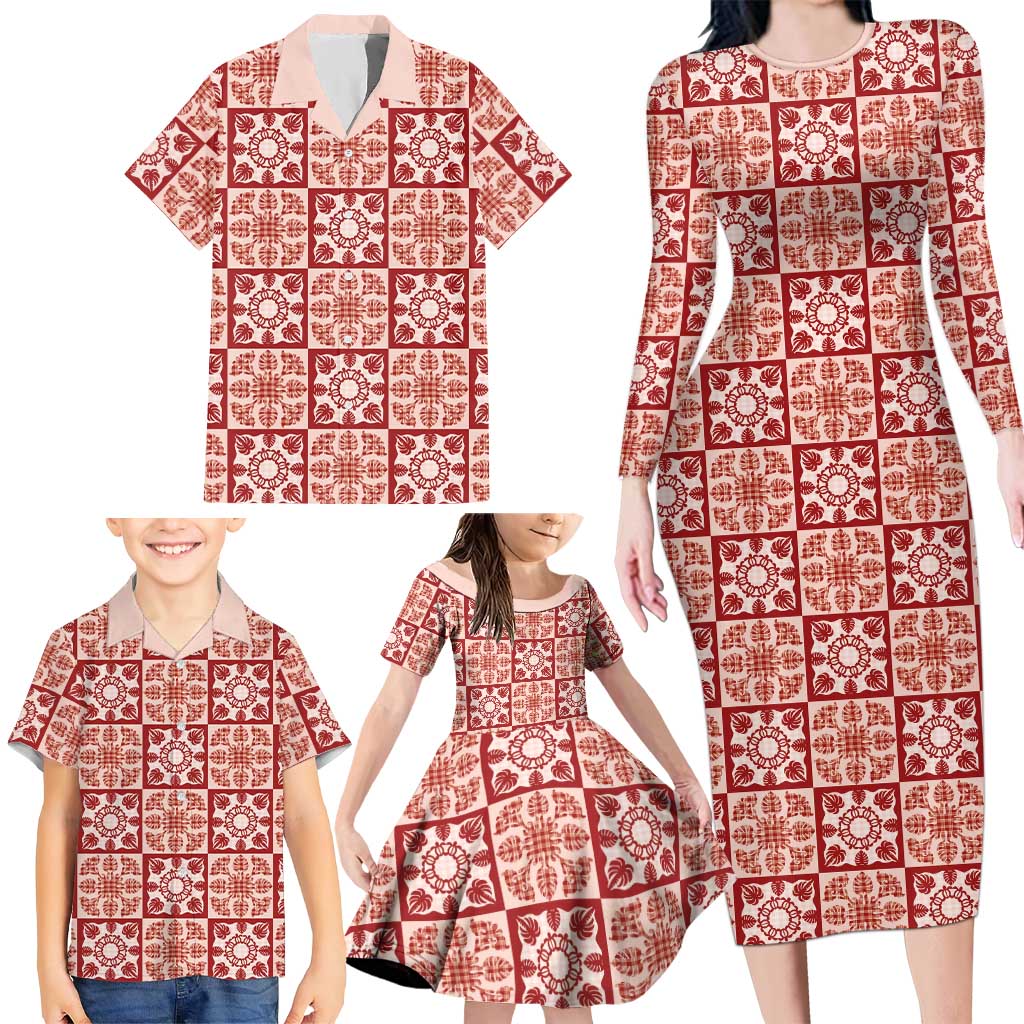 Ulaula Palaka Quilt Hawaii Family Matching Long Sleeve Bodycon Dress and Hawaiian Shirt Hawaiian Tropical Monstera Sea Turtle
