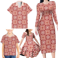 Ulaula Palaka Quilt Hawaii Family Matching Long Sleeve Bodycon Dress and Hawaiian Shirt Hawaiian Tropical Monstera Sea Turtle