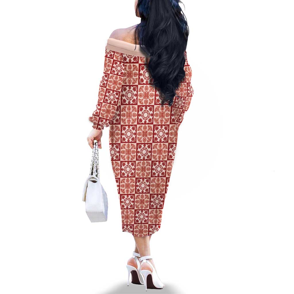 Ulaula Palaka Quilt Hawaii Family Matching Off The Shoulder Long Sleeve Dress and Hawaiian Shirt Hawaiian Tropical Monstera Sea Turtle
