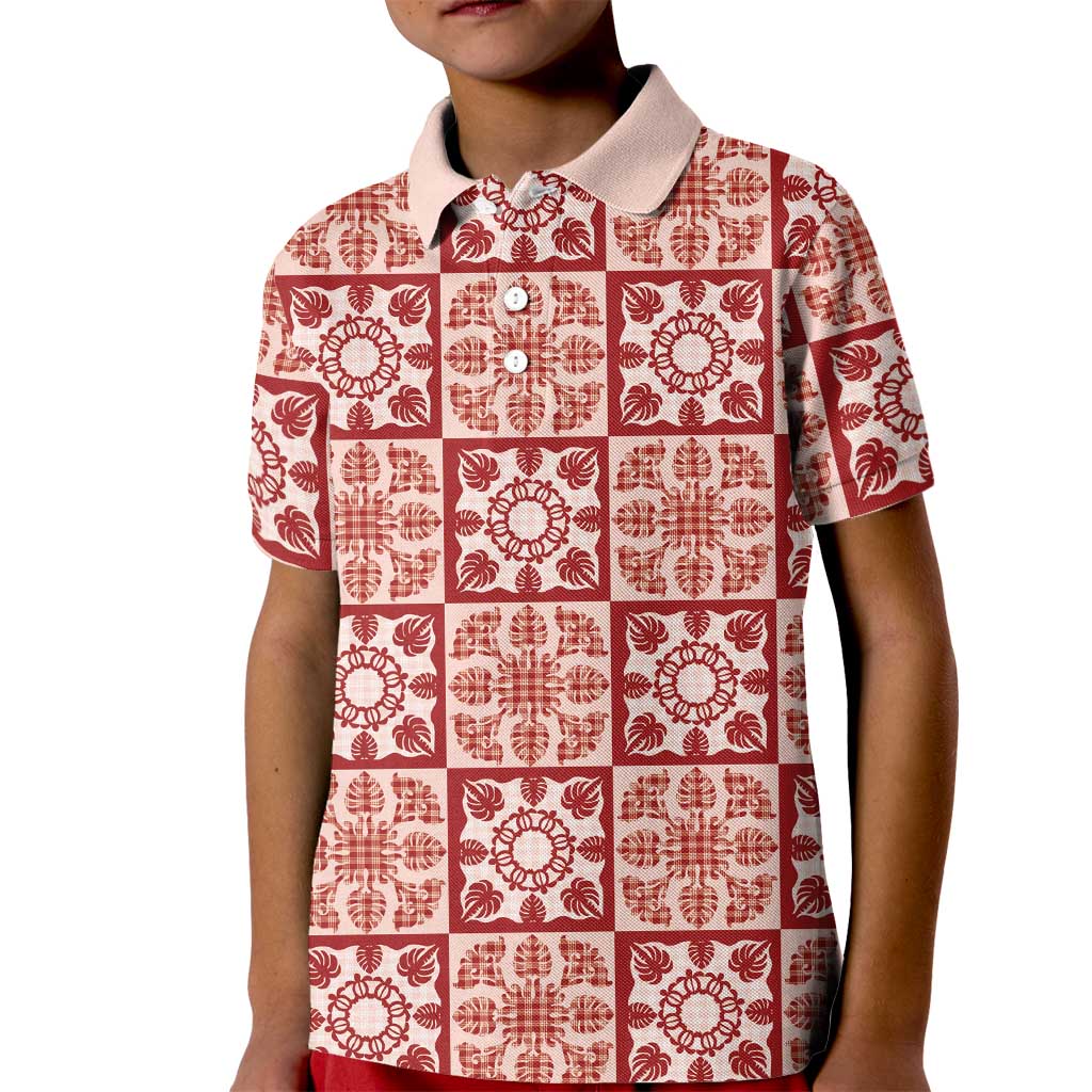 Ulaula Palaka Quilt Hawaii Kid Polo Shirt Hawaiian Tropical Monstera Sea Turtle LT14 Kid Red - Polynesian Pride