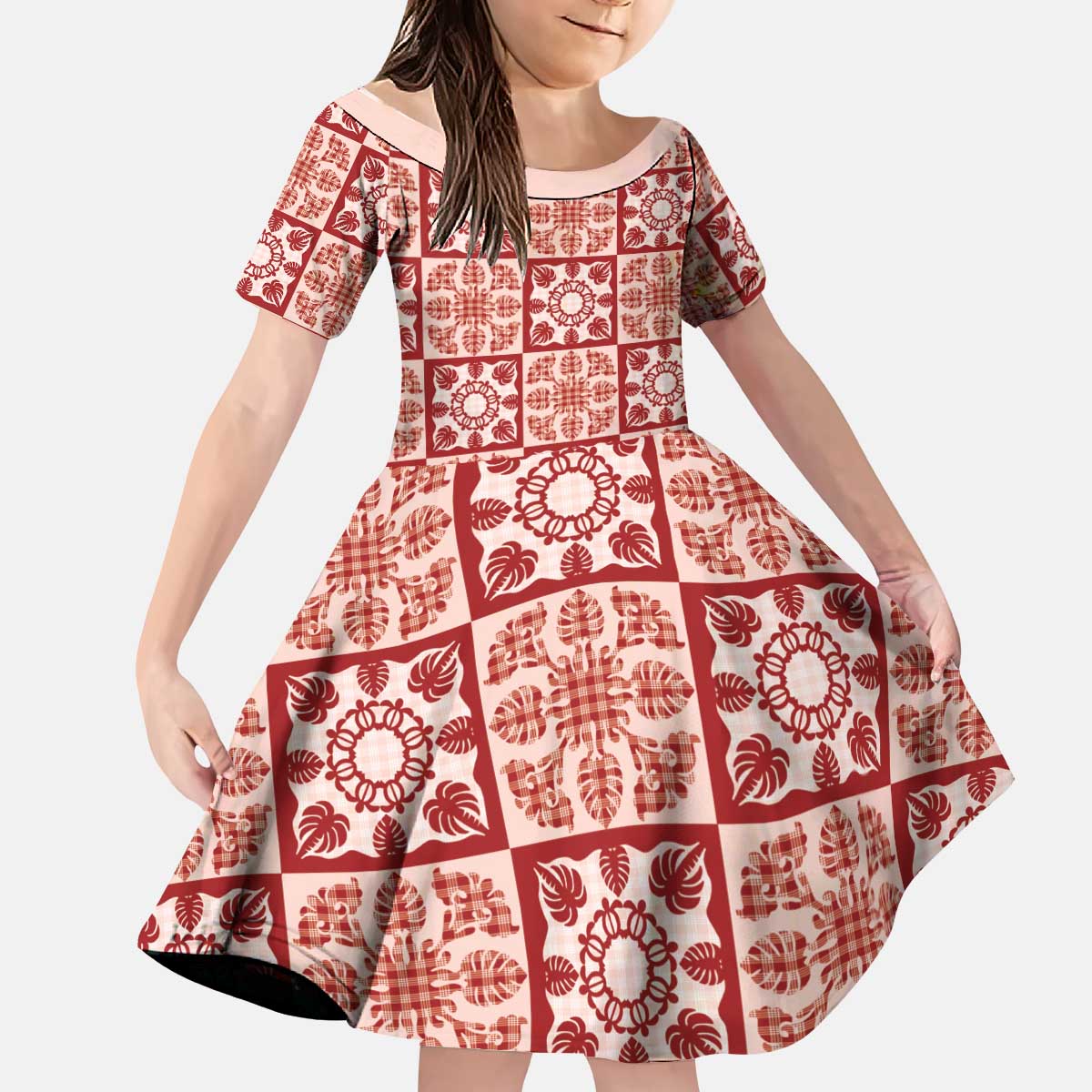 Ulaula Palaka Quilt Hawaii Kid Short Sleeve Dress Hawaiian Tropical Monstera Sea Turtle LT14 KID Red - Polynesian Pride