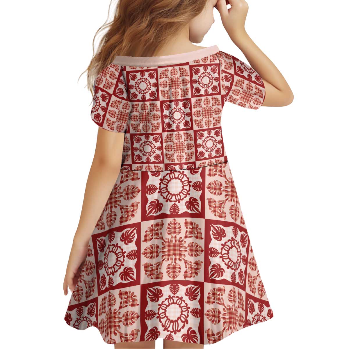 Ulaula Palaka Quilt Hawaii Kid Short Sleeve Dress Hawaiian Tropical Monstera Sea Turtle LT14 - Polynesian Pride