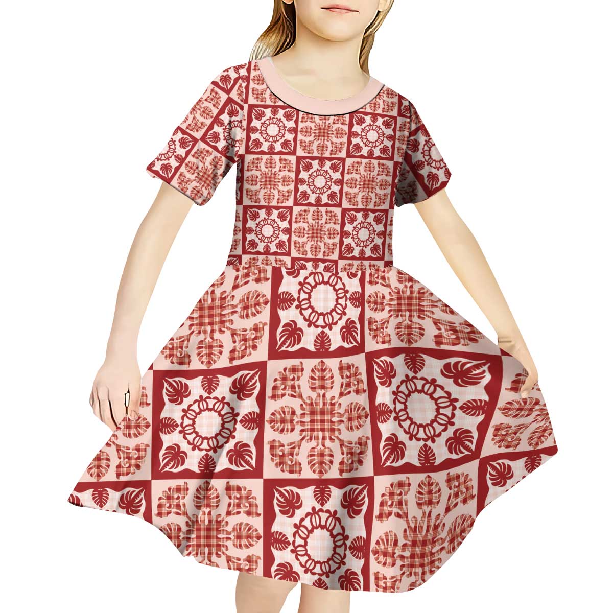 Ulaula Palaka Quilt Hawaii Kid Short Sleeve Dress Hawaiian Tropical Monstera Sea Turtle LT14 - Polynesian Pride