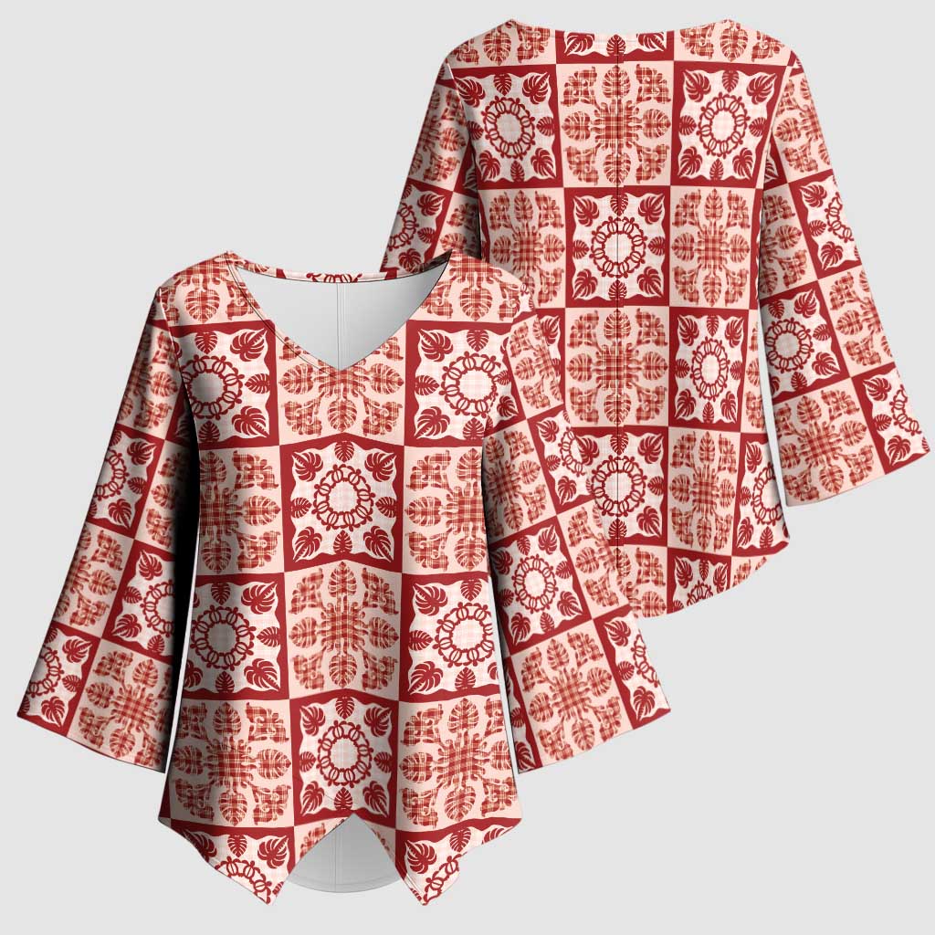 Ulaula Palaka Quilt Hawaii Kimono Sleeve Blouse Hawaiian Tropical Monstera Sea Turtle