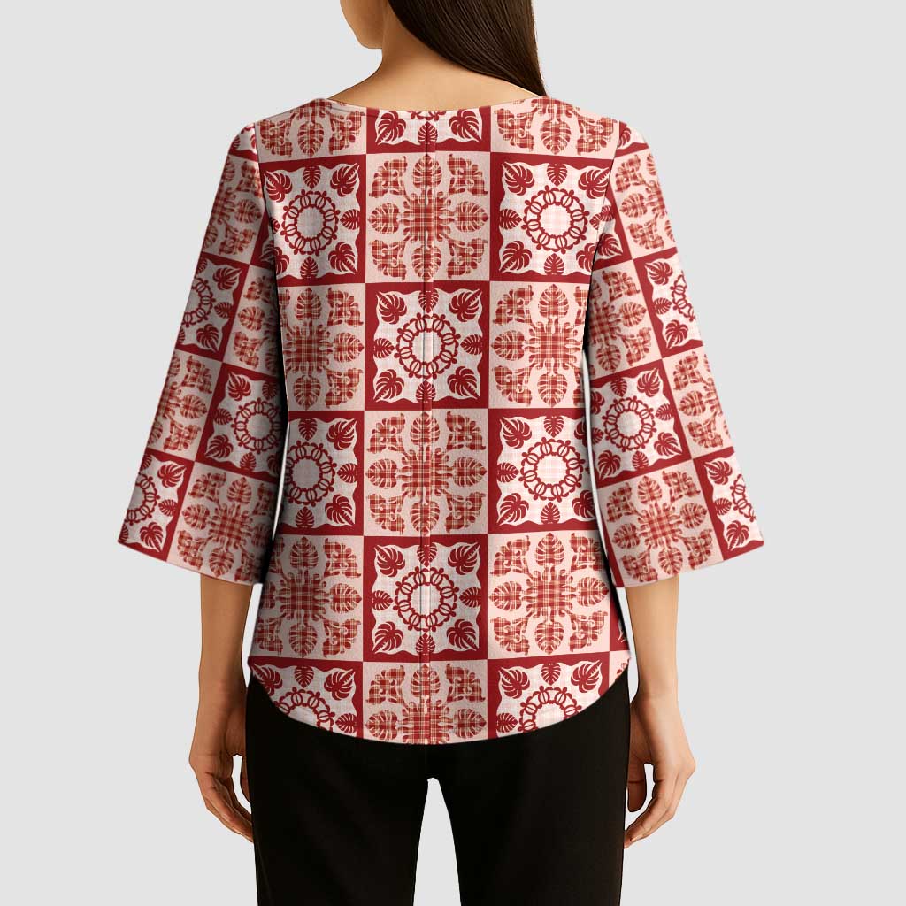 Ulaula Palaka Quilt Hawaii Kimono Sleeve Blouse Hawaiian Tropical Monstera Sea Turtle