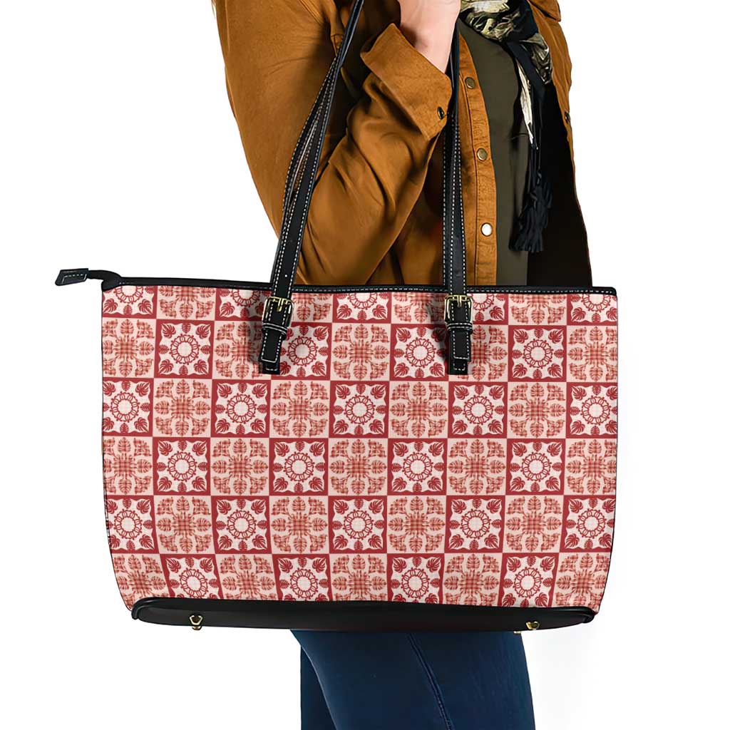 Ulaula Palaka Quilt Hawaii Leather Tote Bag Hawaiian Tropical Monstera Sea Turtle