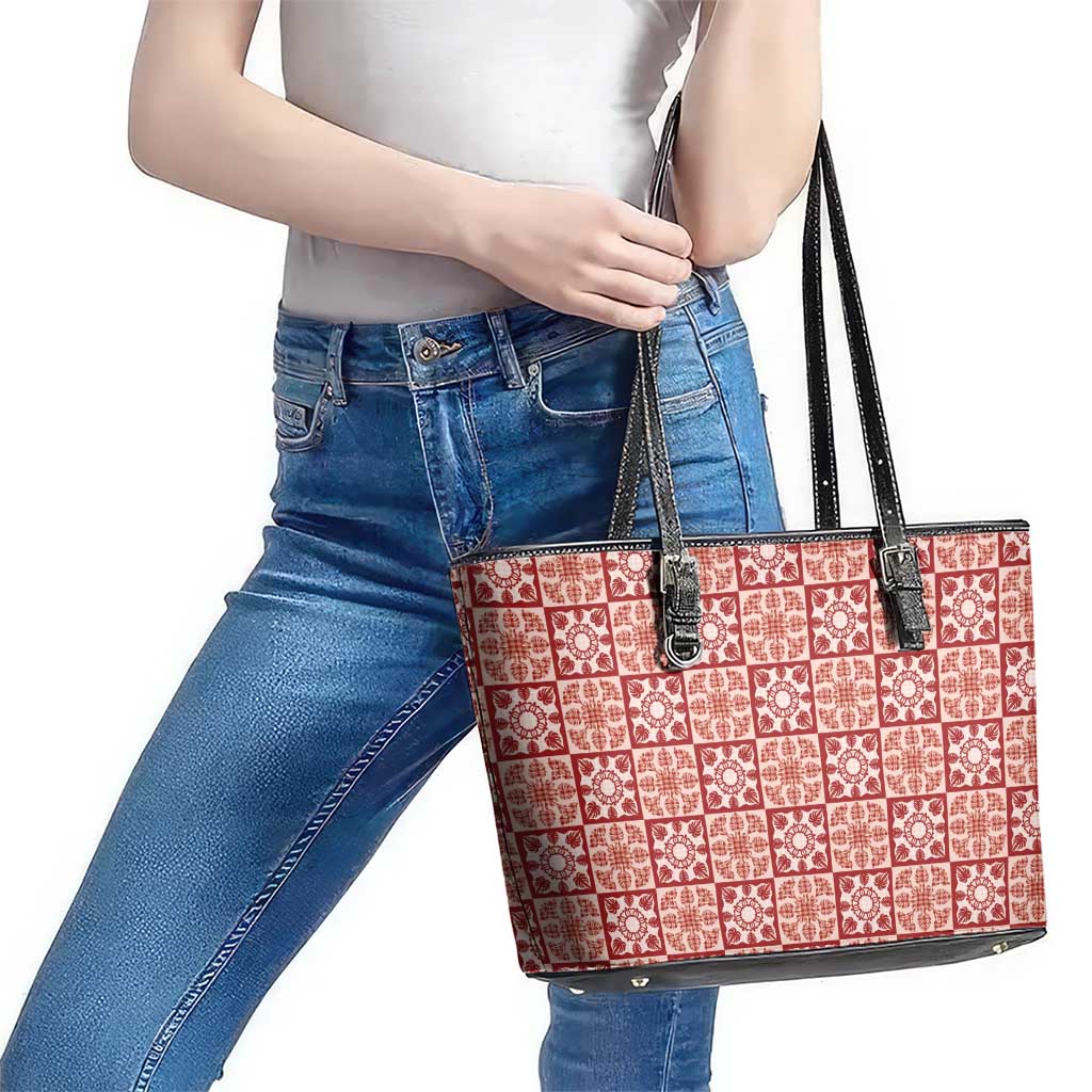 Ulaula Palaka Quilt Hawaii Leather Tote Bag Hawaiian Tropical Monstera Sea Turtle