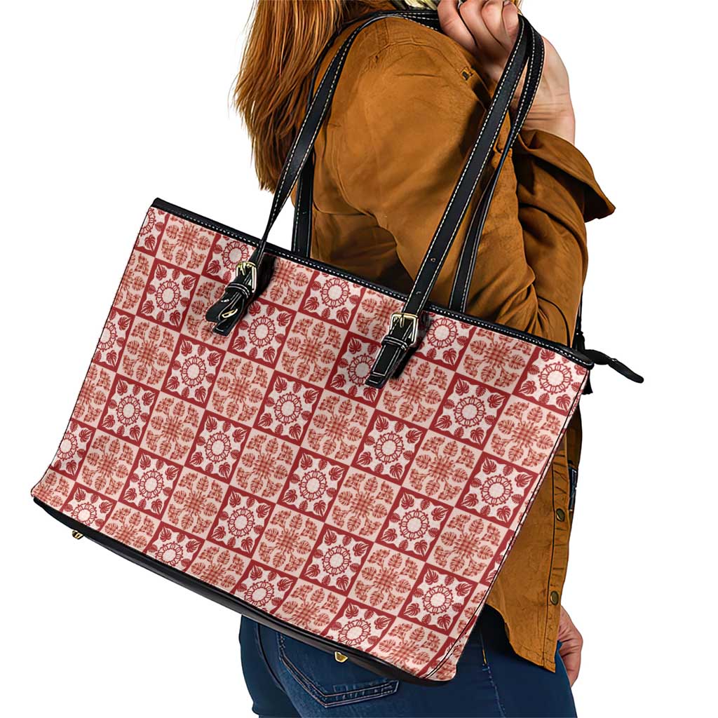 Ulaula Palaka Quilt Hawaii Leather Tote Bag Hawaiian Tropical Monstera Sea Turtle