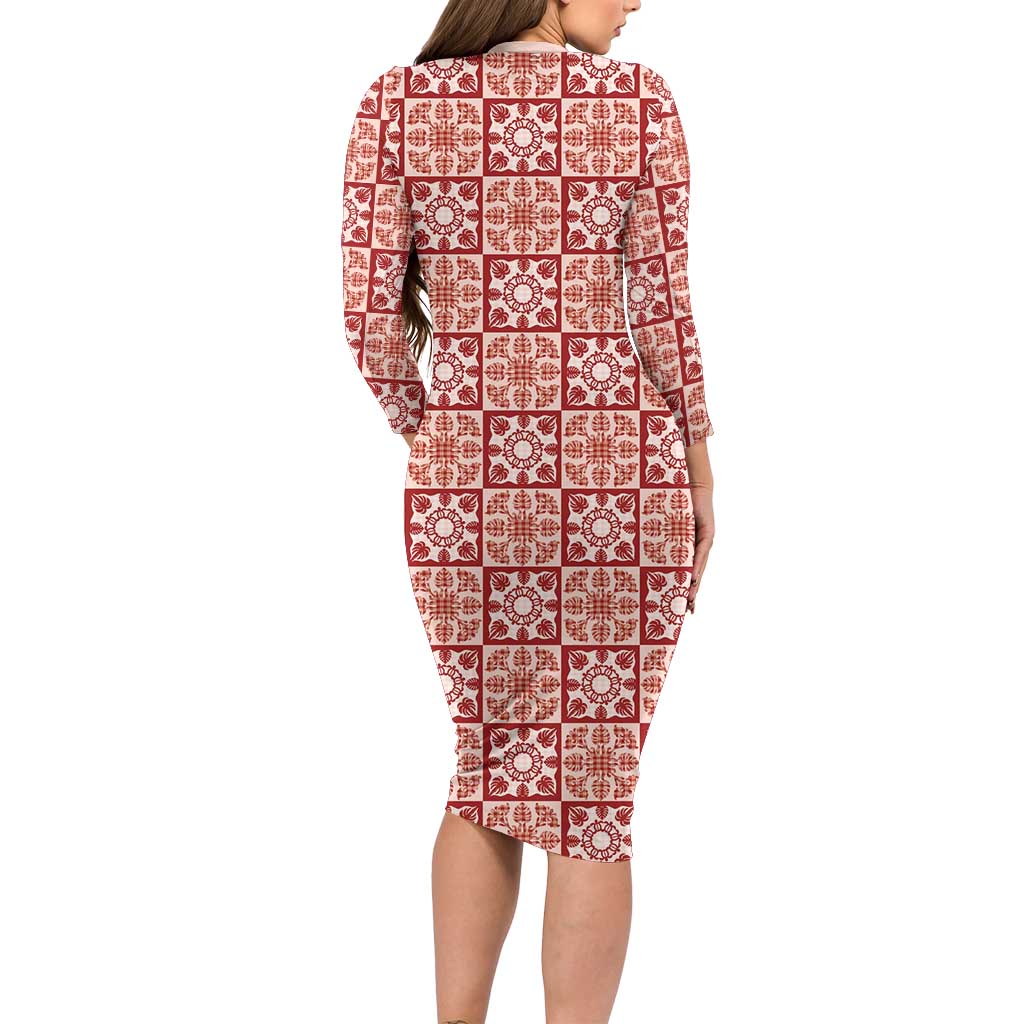 Ulaula Palaka Quilt Hawaii Long Sleeve Bodycon Dress Hawaiian Tropical Monstera Sea Turtle