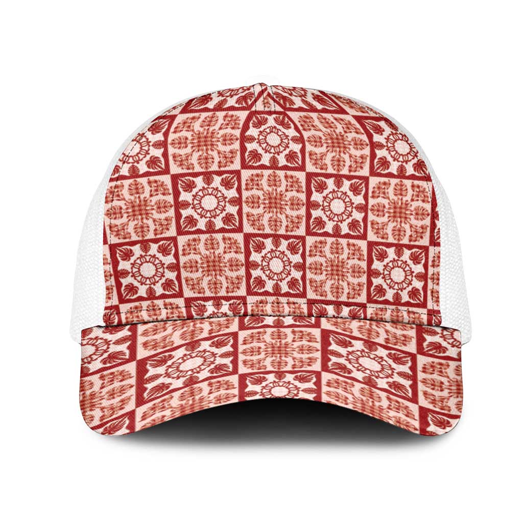 Ulaula Palaka Quilt Hawaii Mesh Trucker Cap Hawaiian Tropical Monstera Sea Turtle LT14 One Size White Red - Polynesian Pride